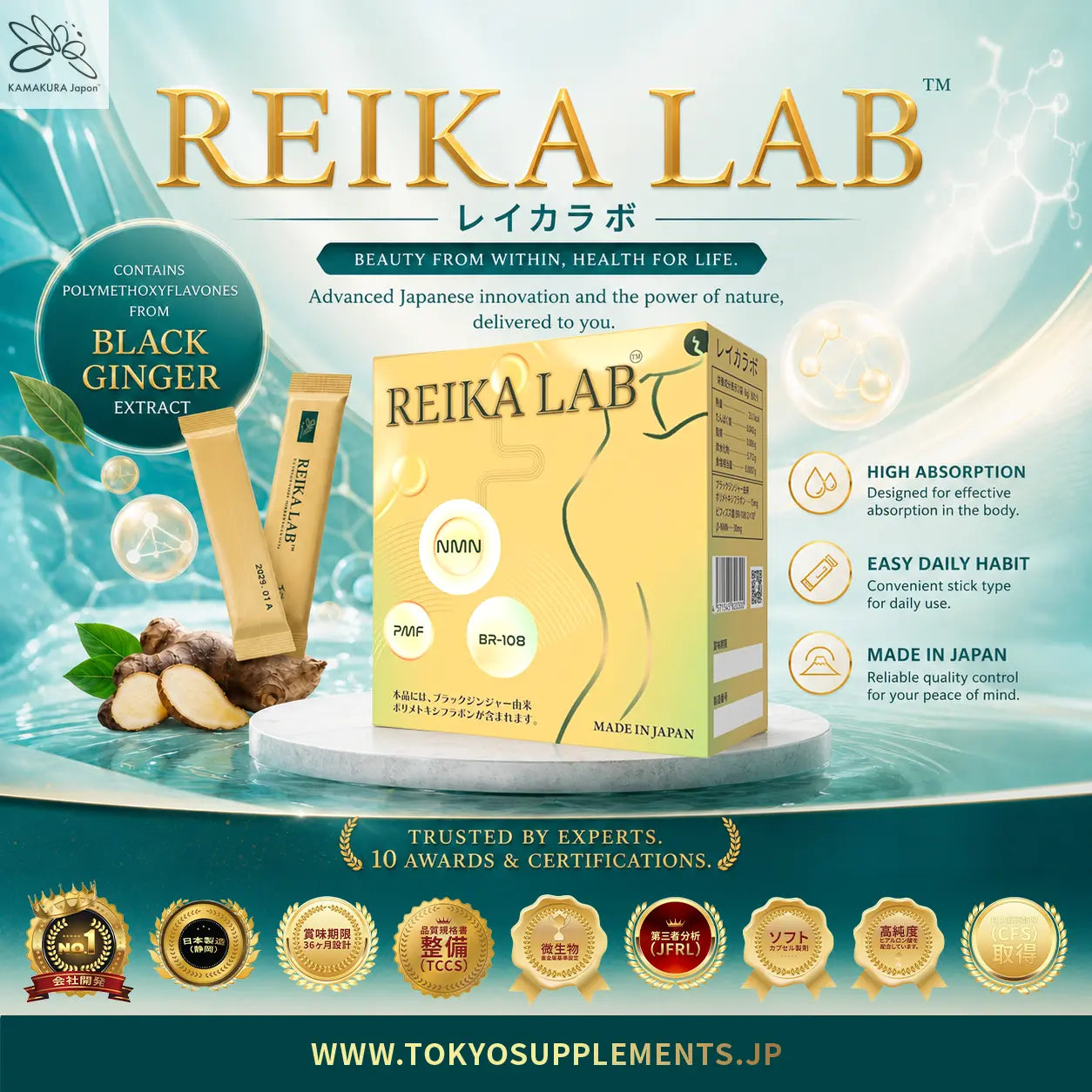 REIKA LAB Black Ginger Extract | Japanese Wellness Sachets | 2 Sticks Daily | Made in Japan KAMAKURA JAPON